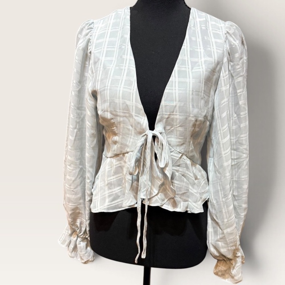 Mable Light Blue Plaid Tie Front Peplum Top Long Puff Sleeve V-Neck Blouse S